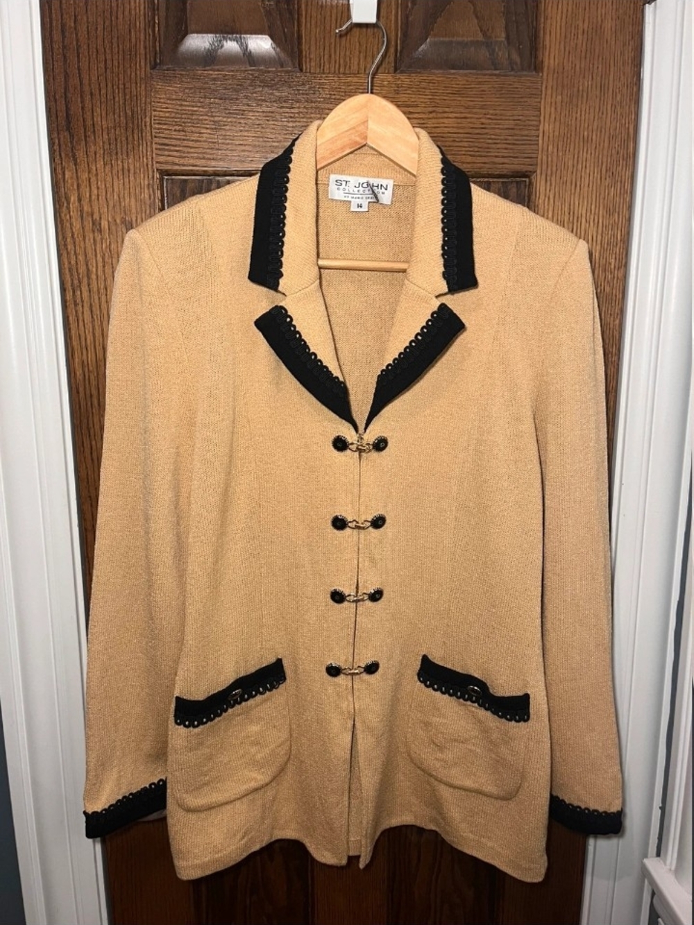St. John Santana Knit Camel Jacket with Black Trim